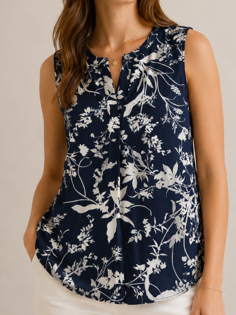 Mandy Evans Navy Blue White Floral Sleeveless Tunic Blouse Top Size S/P